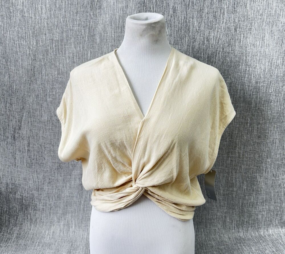 Fanco Fox's Beige Twist Front V-Neck Sleeveless Crop Top Sz M Linen Rayon blend